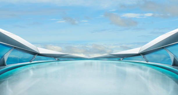 istock Futuristic terrace overlooking clouds with glass walls and water feature 2175797668