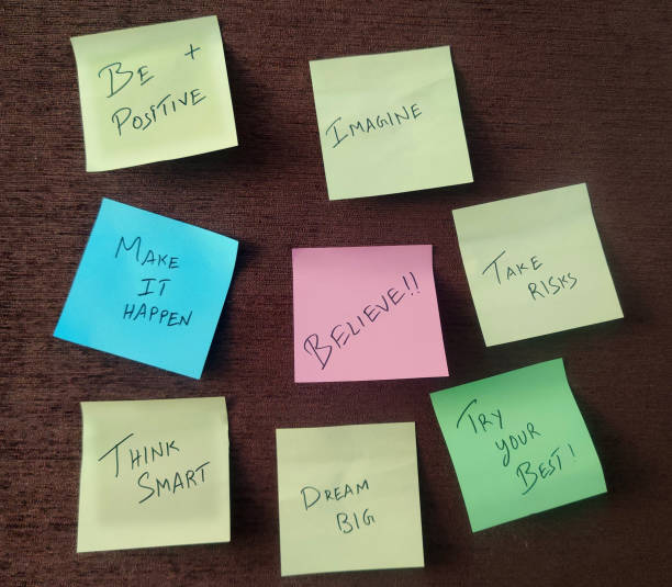 Sticky notes with motivational phrases on a board, inspiring creativity, positivity, and productivity. Perfect for goal-setting, planning, and self-motivation.