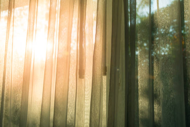 Soft light on curtains window. There was morning light through the window in room, looking at the view of the mountains and trees as the sun rose.