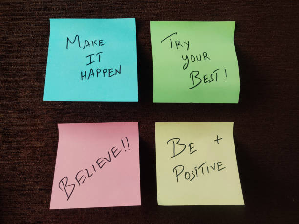 istock Motivational sticky notes with inspiring phrases like 'Make It Happen,' 'Try Your Best,' and 'Believe,' offering daily encouragement and positivity to achieve goals and success. 2175801803