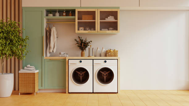 istock Mockup wall in a laundry room against a pastel green wall background- 3D rendering 2175806701