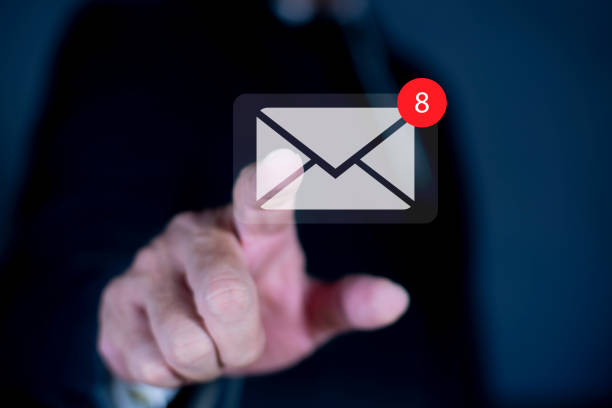Businessman touching email icon virtual screen. New email notification, business finance, internet network technology concept