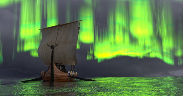 istock Viking ship longship 3D render image of aurora borealis 2175815653