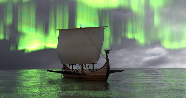 Viking ship longship 3D render image of aurora borealis