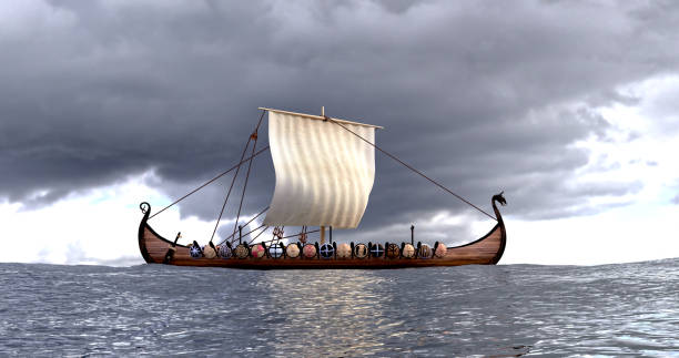 istock Viking ship longship 3D render image from sea level rowing vikings 2175815680
