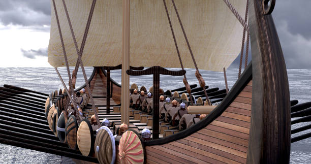 Viking ship longship 3D render image detail rowing vikings on a sailing ship