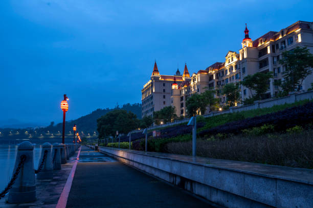 Urban buildings along the river in Lishui, Zhejiang Province, China