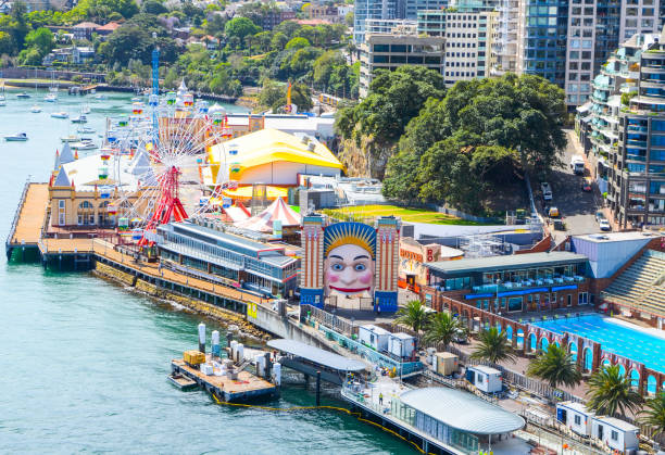 A vibrant ferris wheel with multicolored gondolas stands tall against a bright blue sky, likely in an amusement park setting. The image captures a sense of joy, leisure, and childhood nostalgia. A visible portion of the Sydney Harbour Bridge in the background suggests the photo was taken at Luna Park in Sydney, Australia. Perfect for themes related to fun, travel, holidays, entertainment, and outdoor activities.