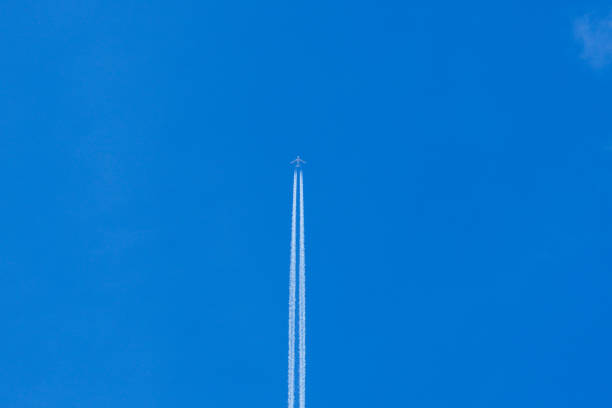 Plane leaves a white trail high in the sky.