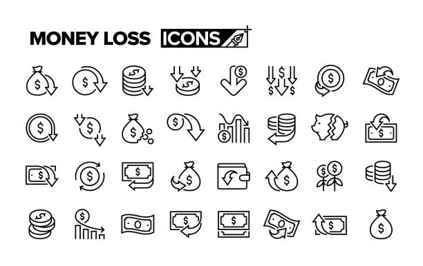 ilustraciones, imágenes clip art, dibujos animados e iconos de stock de conjunto de iconos de línea de pérdida de dinero. grupo de objetos. - perdido