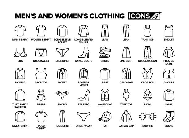 set ikon lini pakaian pria dan wanita. kelompok objek. - beha pakaian dalam ilustrasi stok