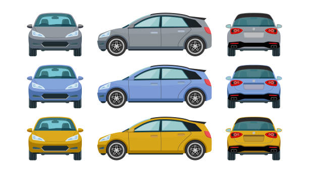 ilustraciones, imágenes clip art, dibujos animados e iconos de stock de elegante vector de coche hatchback de dibujos animados modernos: vistas frontales, laterales, traseras y traseras en amarillo, azul y gris vibrantes - coche pequeño
