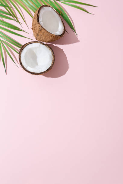 istock Creative layout made of coconuts and leaves on pink background. Flat lay, copy space. Food, summertime travel, natural cosmetics concept. Coconut on pink background. 2175843204
