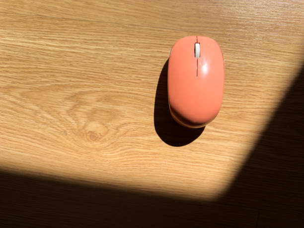 peach colored computer mouse on wooden parquet in the sunlight on a sunny day.technology and informatics at home.