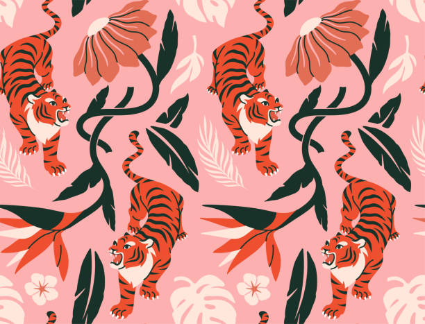 Tropical seamless pattern. Cute jungle damask ornament with tigers, palm leaves and blooming flowers. Hand drawn repeating template for wallpaper or textile design. Flat vector illustration