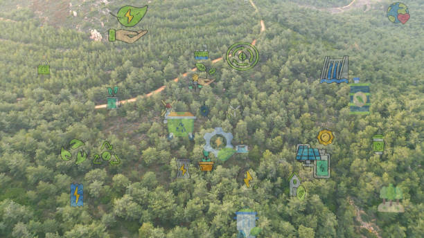 istock Green forest aerial view and environmental technology concept. Green tech. Ecology. Green transformation. GX. SDGs. 2175855674