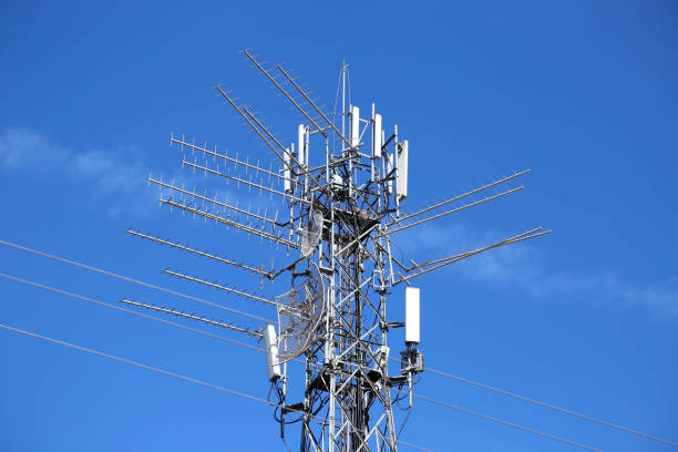 istock tower with transmission and cell phone equipment and antennas 2175857377