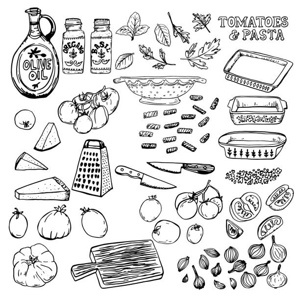 illustrazioni stock, clip art, cartoni animati e icone di tendenza di line art elementi di cucina italiana su uno sfondo trasparente - casseruola stoviglie