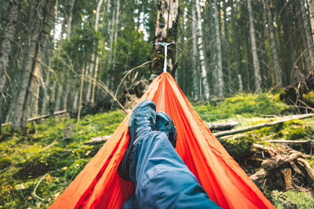 istock Hiking high in the mountains with a hammock, camping in the forest. 2175859579
