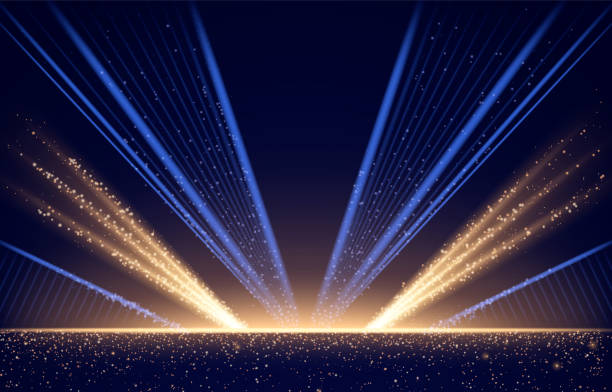 Dark blue stage for award ceremony design Dark blue stage with golden spotlight lines and glitter texture for award ceremony design. Realistic 3d abstract premium elegant glamour background template for anniversary or winner rewarding. awards ceremony stock illustrations