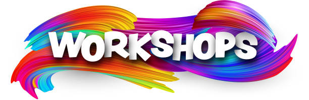 istock Workshops paper word sign with colorful spectrum paint brush strokes over white. 2175862898