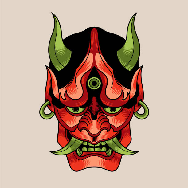 istock Hand drawn traditional tattoo of a Japanese oni mask 4 2175863917