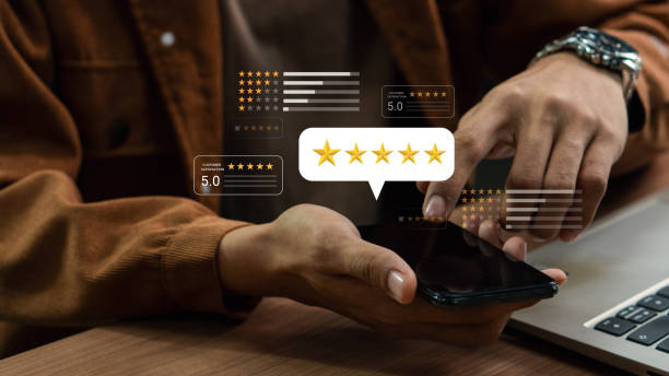 istock Consumers or customers give a five-star rating for the highest satisfaction from the experience of using the review for the quality of the online application smartphones, business reputation rankings. 2175868928