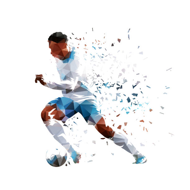 istock Football, soccer player running with ball, low poly isolated vector illustration, side view 2175873750