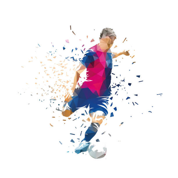 istock Football, soccer player running with ball, low poly isolated vector illustration, side view 2175874081