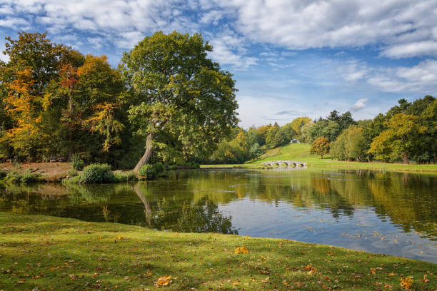 A leaning oak tree over the serpentine lake at Painshill Park in Cobham Surrey that was lost to a storm a year later
