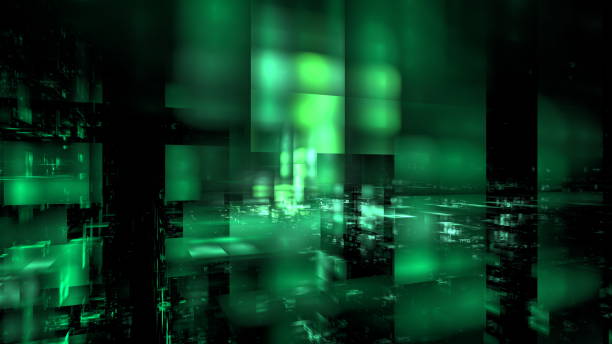 A vibrant digital backdrop features abstract green shapes and glowing light effects, resembling a futuristic cityscape at night, evoking a sense of technology and innovation. 3d render