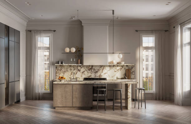 istock Modern Kitchen with Marble Countertops and Island 2175880373