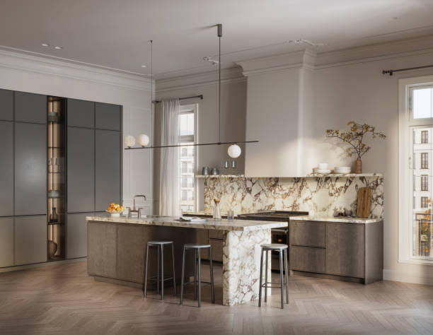 istock Contemporary Kitchen with Marble Island and Pendant Lighting 2175880375