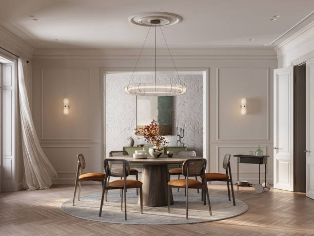 istock Elegant Dining Room with Round Table and Pendant Lighting 2175880446