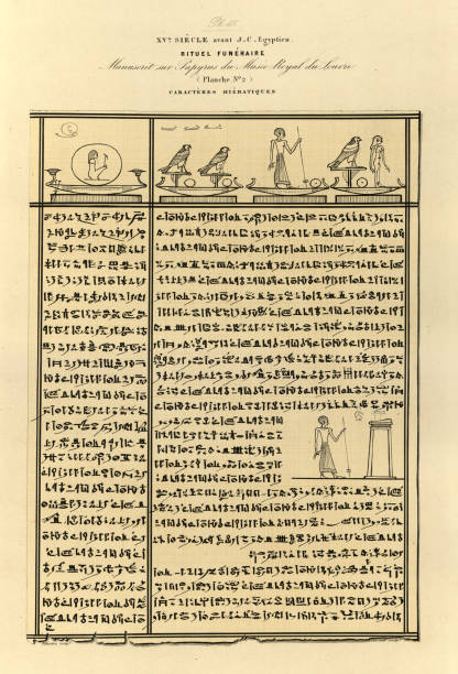 History, Ancient Egyptian hieroglyphs, script, writing, Funeral ritual, Papyrus 15th Century BC, Vintage illustration