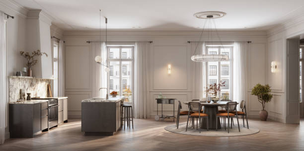 Modern Kitchen with Marble Countertops and Dining Area