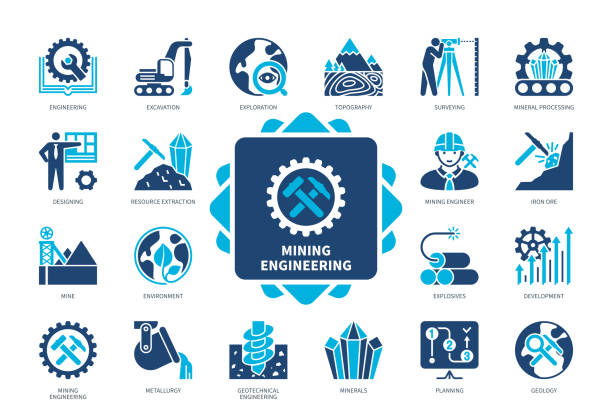 Mining Engineering solid icon set Mining Engineering icon set. Surveying, Metallurgy, Engineering, Exploration, Mine, Geotechnical, Iron Ore, Explosives. Duotone color solid icons metal manufacturing stock illustrations