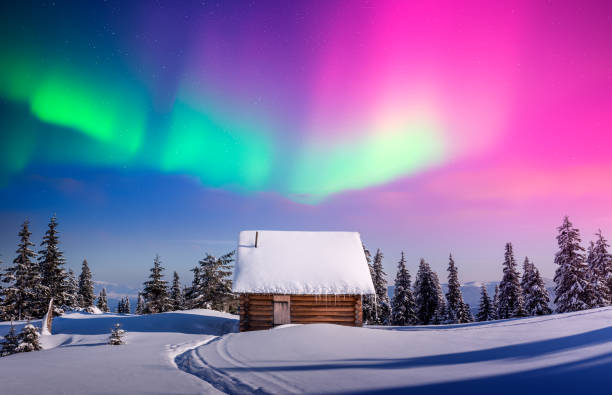 istock Fairy Christmas landscape with purple Northern light 2175884374