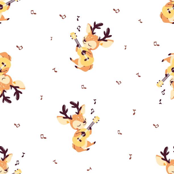 Print Cute reindeer playing guitar, flat vector illustration, kids style. Seamless vector pattern. how to draw a moose drawing stock illustrations