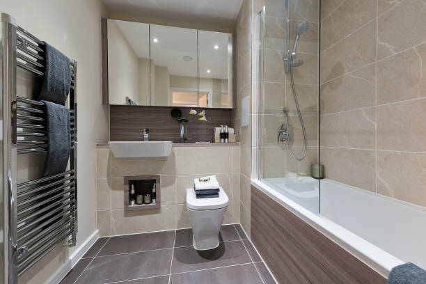 Vessel style sink with all glass shower nearby