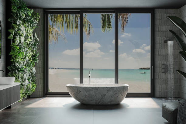 istock Green Brutalist Bathroom Design with Green Wall and Tropical Panaromic View. 2175888496