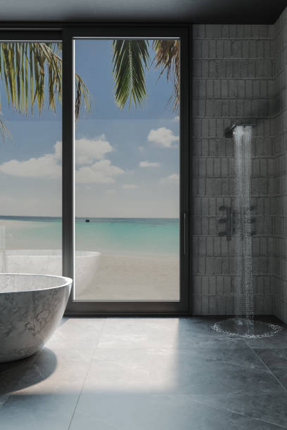 istock Green Brutalist Bathroom Design with Green Wall and Tropical Panaromic View. 2175889031