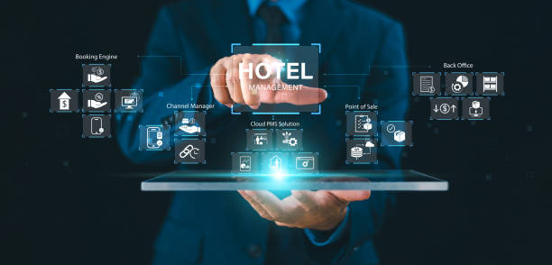 Hotel service management system concept. Digital network business investment technology. Businessman use computer, Property Management System, PMS cloud solution icon. Apartment hospitality software