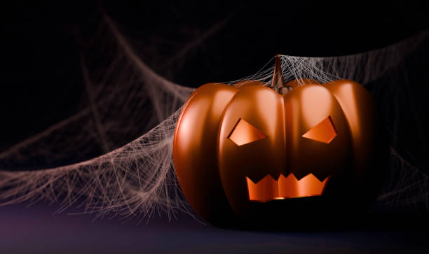 Evil Halloween Pumpkin with Spider Webs in a Dark and Spooky Scene
