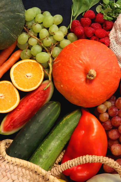 istock Straw Bag And Healthy Produce On Dark Background 2175900341