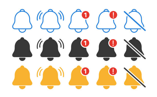 Notification bell icon set. Incoming inbox message. Ringing bell, reminder or subscriber sign for apps, smartphone, alarm alert. Vector Illustration