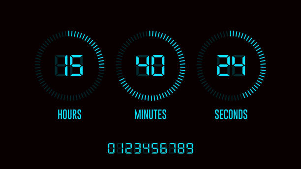 Countdown timer digital clock. Neon clock counter. Hours, minutes and seconds on display. Glowing scoreboard. Time remaining board. Vector EPS 10