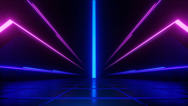 istock 3d Render, Abstract neon light lines on track way and floor over dark background, futuristic technology of speed motion. 2175903853