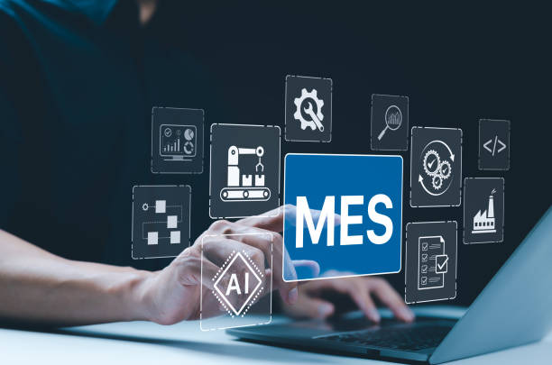 istock MES - Manufacturing Execution System Concept. AI Integration, A person touch MES icon with symbols to manufacturing, automation, industrial processes, technology in production management, AI powered, 2175904678