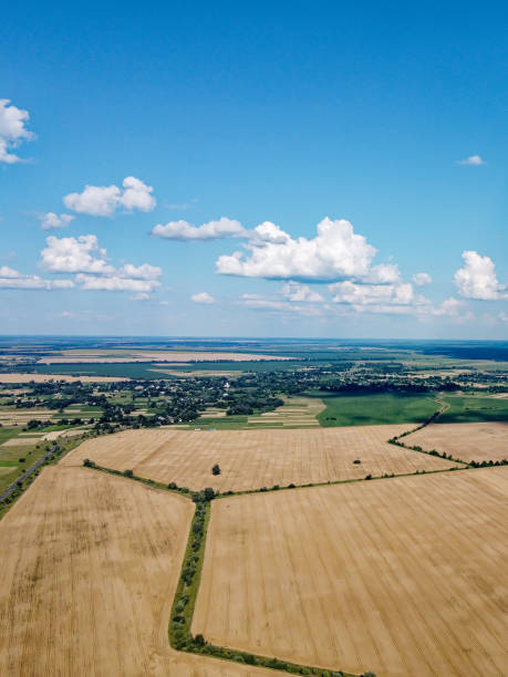 istock Beautiful agricultural landscape, open field with blue sky and white clouds. Farmfields from a bird's eye view. 2175909197